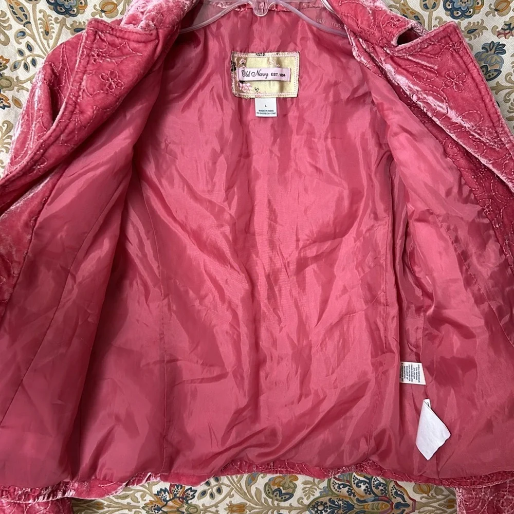 Vintage Old Navy Girls Pink Velvet Embroidered Blazer w/Bow Pockets Split Cuff L